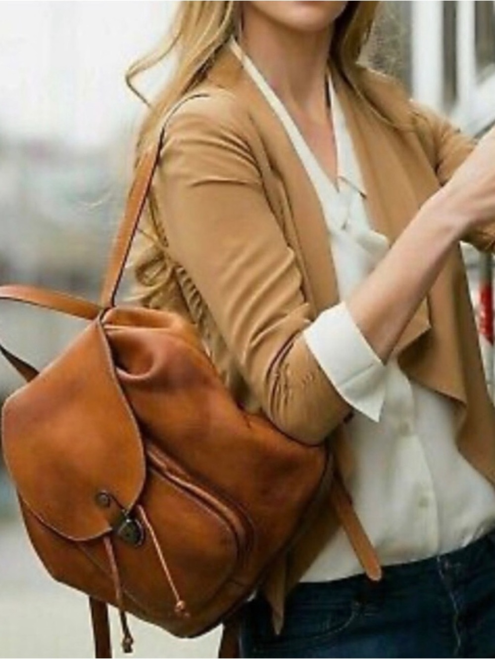 Patricia Nash Casape Cognac Brown Leather Drawstring Backpack